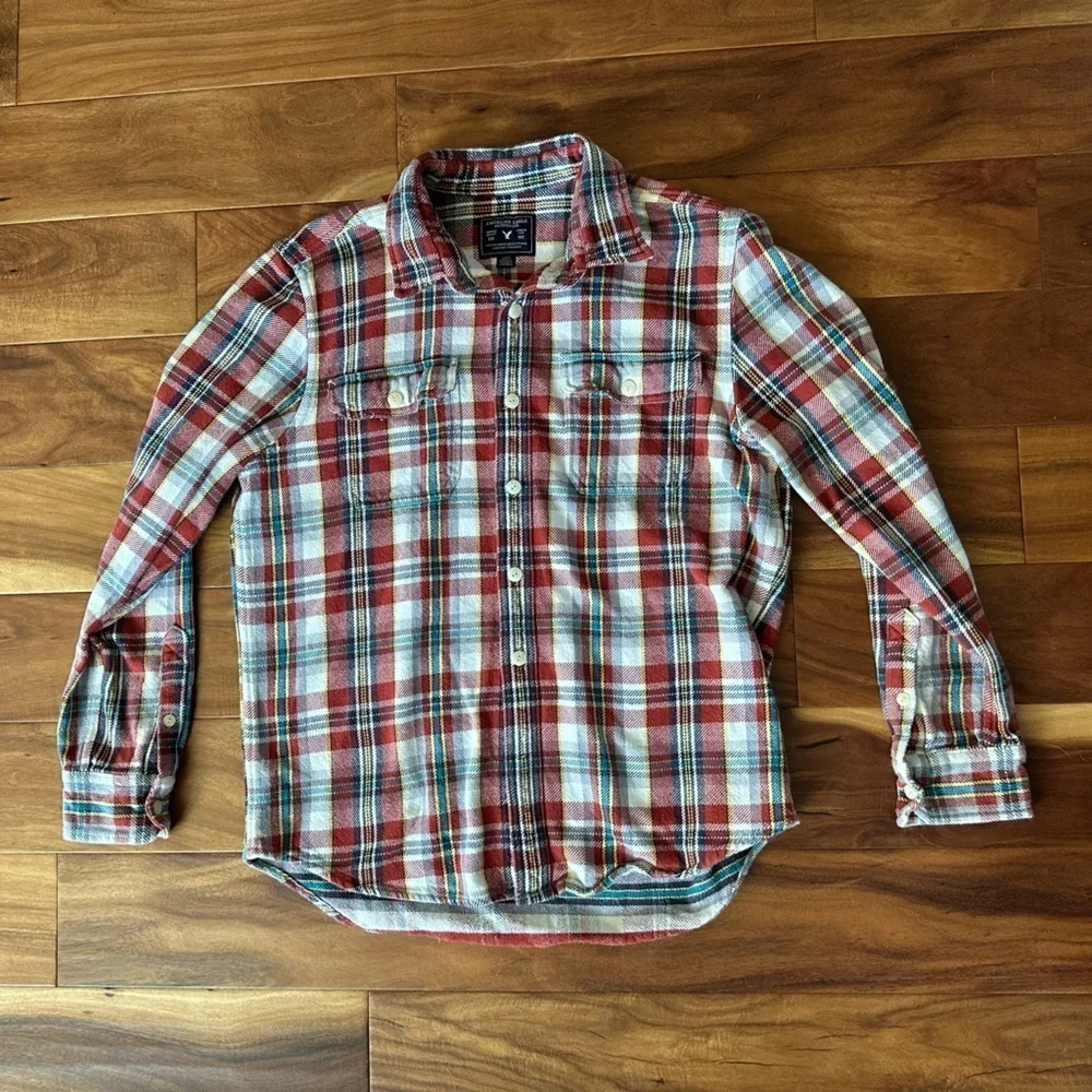 American Eagle Red Plaid Flannel Heavyweight Cotton Button Down Shirt size Large